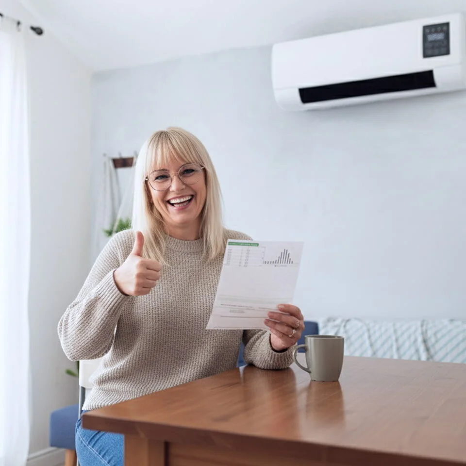 Person smiling with energy bill while using CoolCove